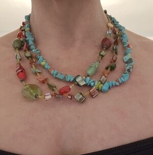 3 Strand Multi Bead and Turquoise Colorful Boho Necklace